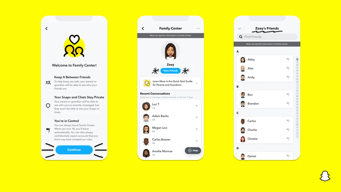 Visual for this record: Snapchat's Family Center shows contacts, not content